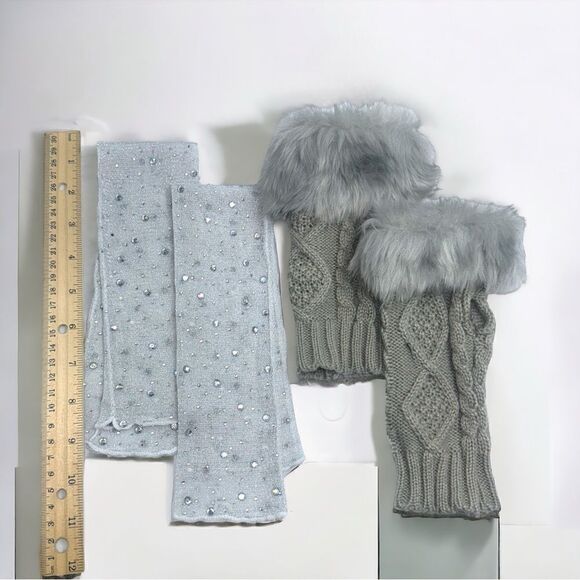 SXY l Elegant Silver Arm Sleeves Shimmery & Sheer, Gray Fuzzy, Fingerless Gloves - Picture 9 of 13
